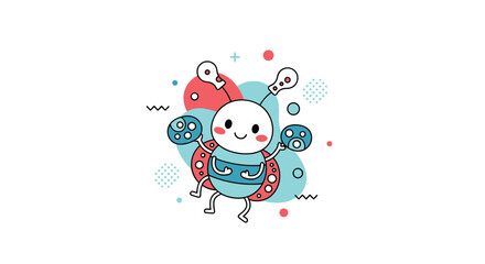 Naklejka premium Cute cartoon ladybug character flying with musical notes and abstract shapes in a cheerful doodle style illustration