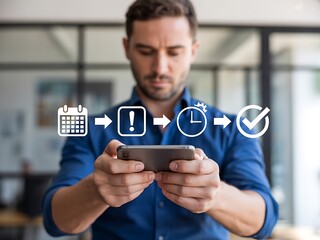 Man using smartphone with workflow icons technology process