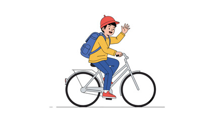 Fototapeta premium A young boy wearing a backpack and yellow jacket rides a bicycle while waving hello enthusiastically