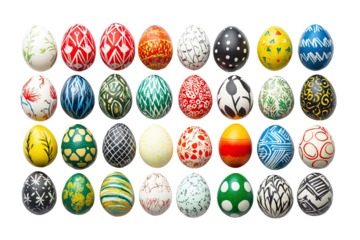 Colorful hand-painted Easter eggs arranged in a grid