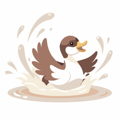 Brown and white duck splashing in water pond bird