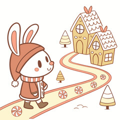 Cute bunny walking on gingerbread street with candy decorations path