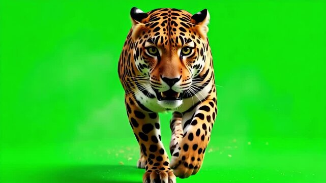 Witness the raw power of a jaguar sprinting fiercely forward against a vibrant green backdrop, captured in stunning detail with this 4k footage.
