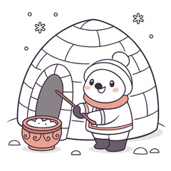 Cute polar bear making snow soup outside igloo winter