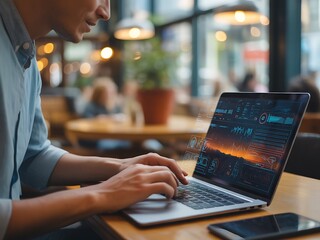 Man working on laptop with data analysis on screen in cafe image