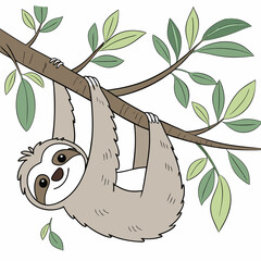 Gray sloth hanging on brown tree branch with green leaves animal
