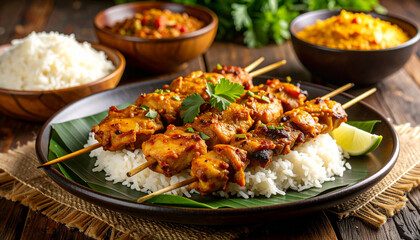 Fototapeta premium Indonesian chicken satay grilled to perfection, with thick peanut sauce