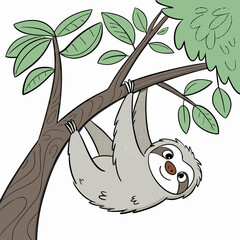Gray sloth hanging on tree branch with green leaves animal © rabi