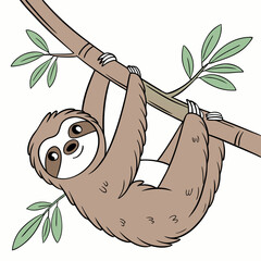 Brown sloth hanging on tree branch with green leaves animal