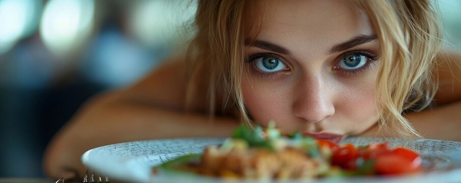 Bored young woman eating a small portion of dinner during a diet session, Generative AI - Powered by Adobe