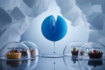 Miniature desserts under glass domes with blue sphere dripping liquid on reflective surface surrounded by ice formations