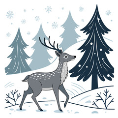 Gray deer walking through snowy forest with pine trees and snowflakes winter