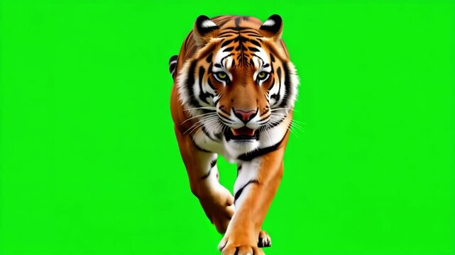 A powerful tiger is sprinting forward with focused intensity against a vibrant green screen, captured in stunning 4k resolution for exceptional detail.