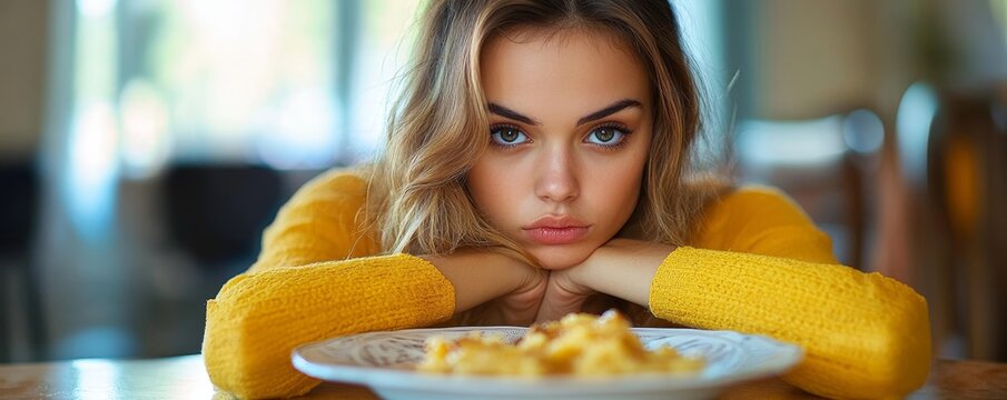 Bored young woman eating a small portion of dinner during a diet session, Generative AI
