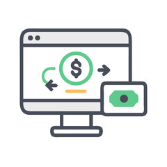 Computer screen showing dollar coin and money transfer vector