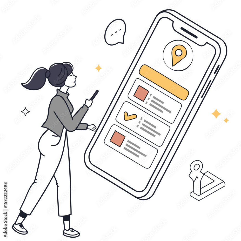 Aufkleber woman interacting with mobile app showing task list and location pin user interface