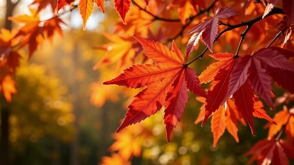 Red and orange hues dominate this beautiful autumn foliage footage, showcasing maple and poplar leaves gently swirling in the wind. - Powered by Adobe