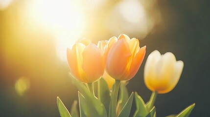 Orange and yellow tulips bathed in sunlight.