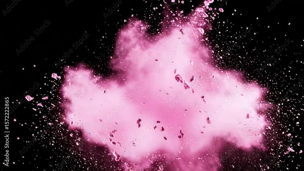 Poster a burst of pink powder explodes against a black background, creating a dynamic abstract splash