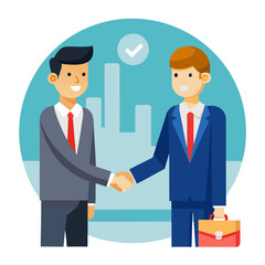 Businessmen shaking hands with briefcase and checkmark handshake agreement