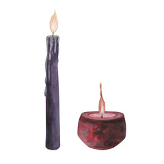 Set Witch's magical red and violet wax candle flame isolated on white background. Watercolor hand drawn dark fantasy sketch illustration. Art design mystical halloween witch decoration greeting card