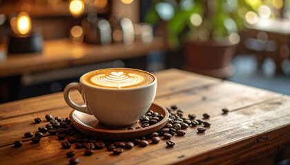 A beautiful cup of latte art coffee with leaf pattern, on a wooden cafe table.