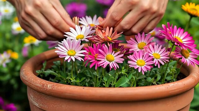 Hands planting flowers in a terracotta pot