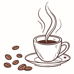 Steaming coffee cup with scattered beans hot beverage coffee beans