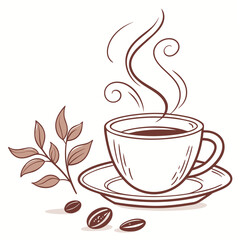 Steaming coffee cup with coffee beans and leaves saucer branch