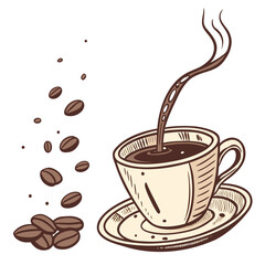 Coffee cup with falling beans and steam coffee beans beverage