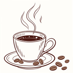 Steaming coffee cup with beans on white background beverage