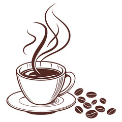 Steaming coffee cup with scattered beans saucer coffee beans