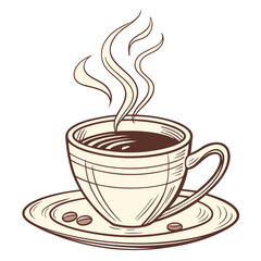 Steaming coffee cup with beans on saucer hot drink coffee beans