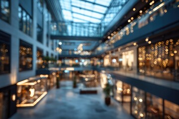 Blurry interior of a modern shopping mall at night