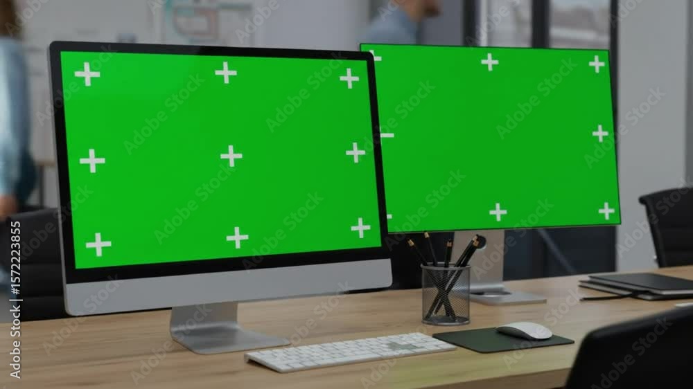 Aufkleber two desktop computers with green screens on a wooden desk in an office setting with a person walking