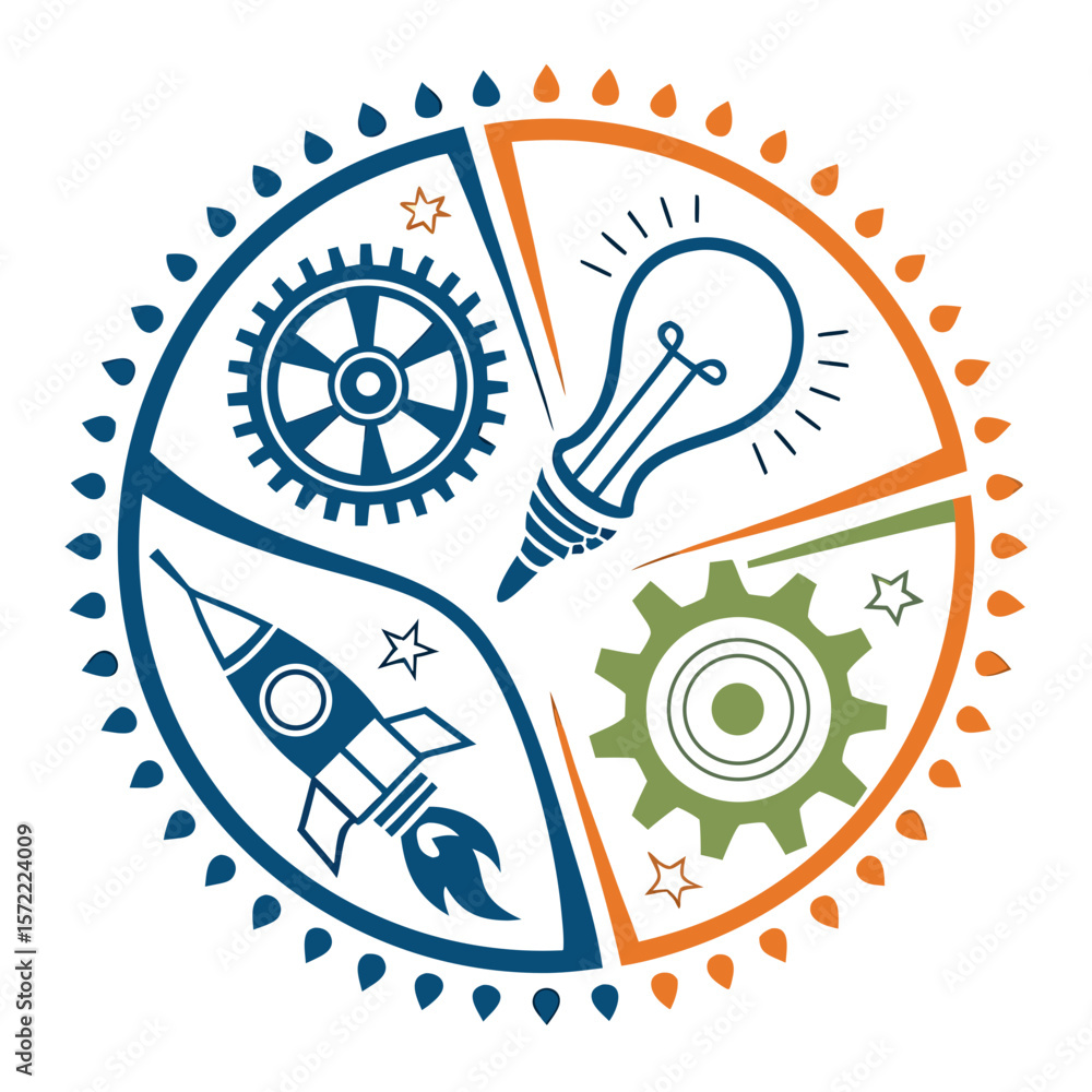 Aufkleber circular design with rocket lightbulb and gears vector