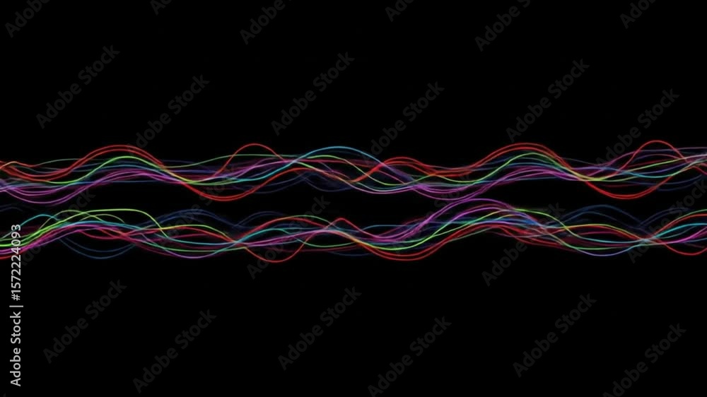 Poster abstract waves of colorful lines on a black background creating a digital art illustration style
