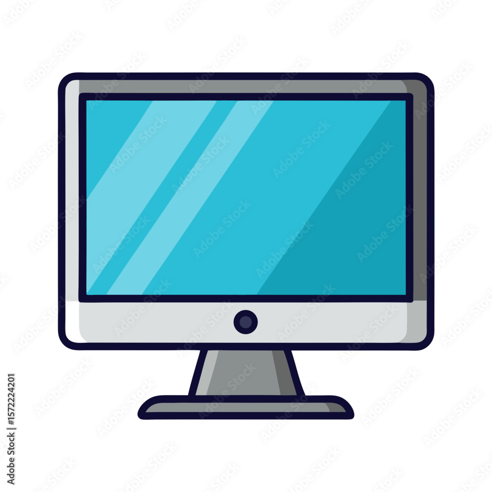 Poster flat screen computer monitor with blue display and gray stand technology