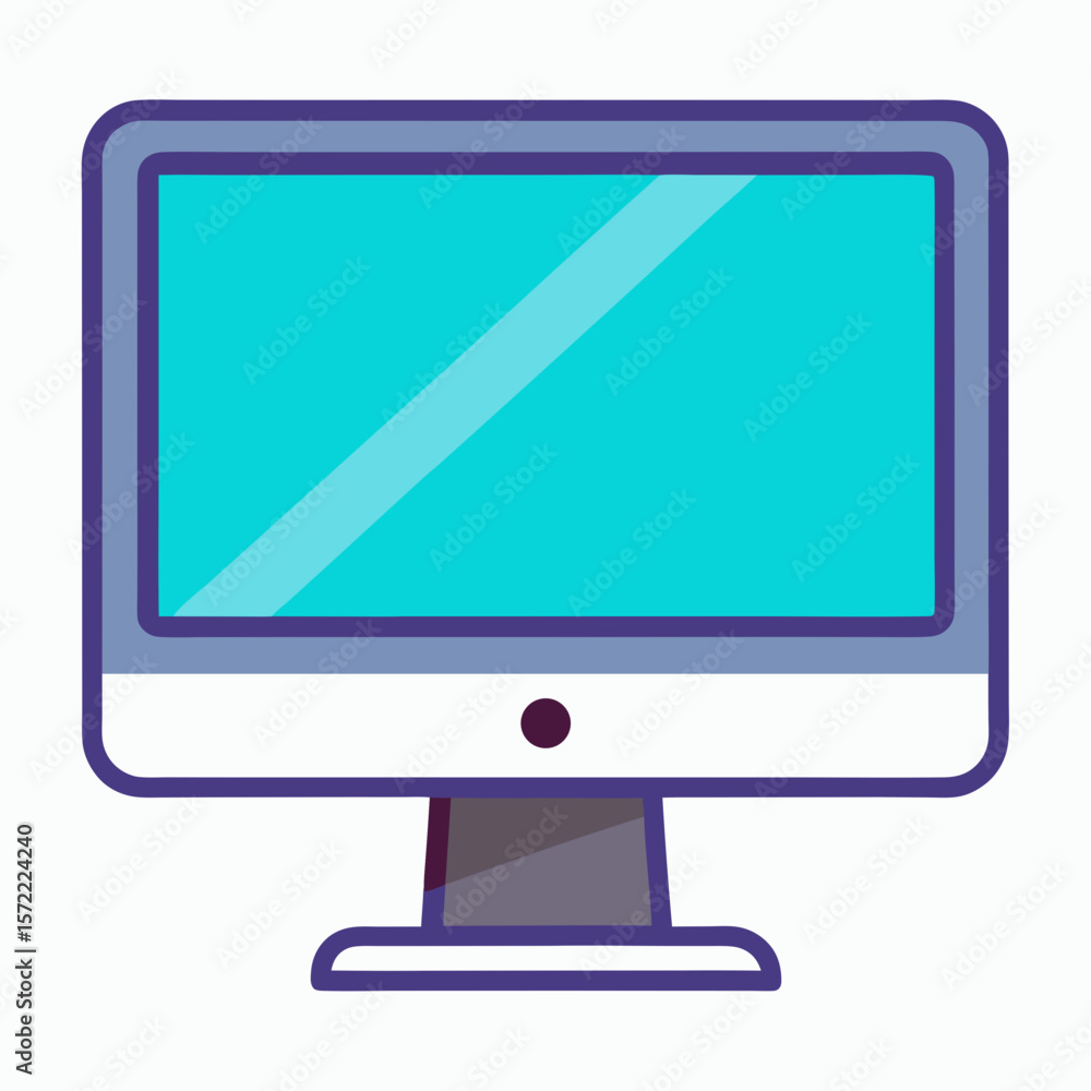 Poster flat computer monitor with blue screen and purple frame technology display