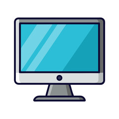 Flat screen computer monitor with blue display and gray stand technology