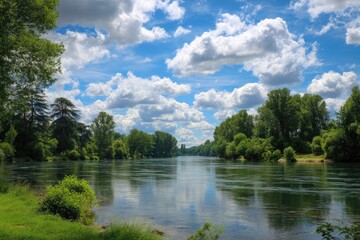 Tranquil river scene with lush trees and a vibrant sky