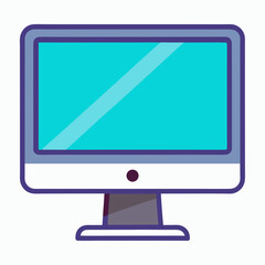 Flat computer monitor with blue screen and purple frame technology display