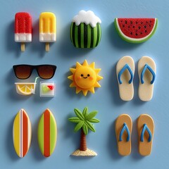 Colorful playful summer icons collection 3d elements