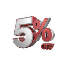 3d metallic red and silver five percent off discount symbol isolated on transparent background