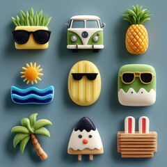 Colorful playful summer icons collection 3d elements