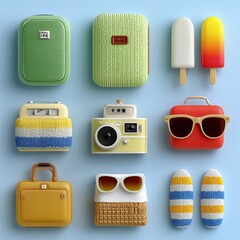 Colorful playful summer icons collection 3d elements