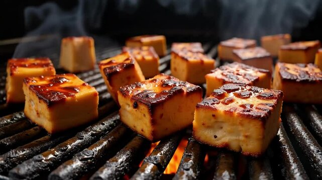 Watch the sizzling barbecue paneer cooking on a grill in stunning 4k footage showcasing delicious and flavorful vegetarian grilling