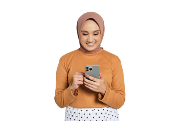 Unimpressed Muslim woman in hijab holding smartphone to cheek with serious expression isolated on transparent background