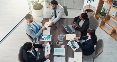 Boardroom, colleagues and people with documents, discussion and meeting for data analysis and...