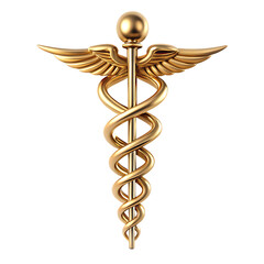 Golden Caduceus symbol with wings and snake coiled around a staff isolated on a transparent background